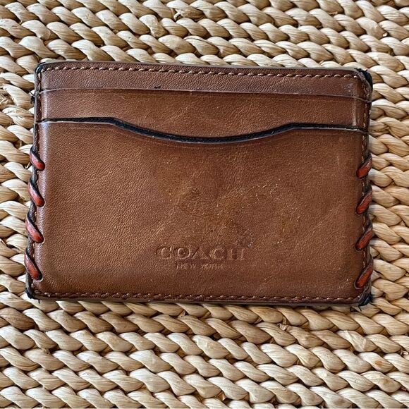 Coach Brown Leather Card Holder With Leather Baseball Style Stitching - Picture 1 of 9
